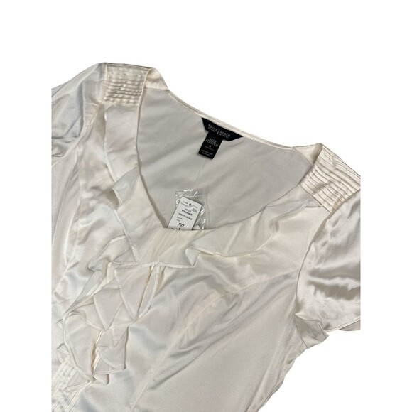White House Black Market Silk Stretch Blouse Size 8 Ivory Ruffle Short Sleeve - Picture 2 of 8
